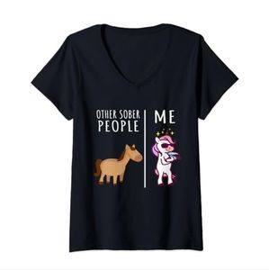 Sober People Me Unicorn AA Recovery Gifts Sobriety V-Neck T-Shirt Womens Medium